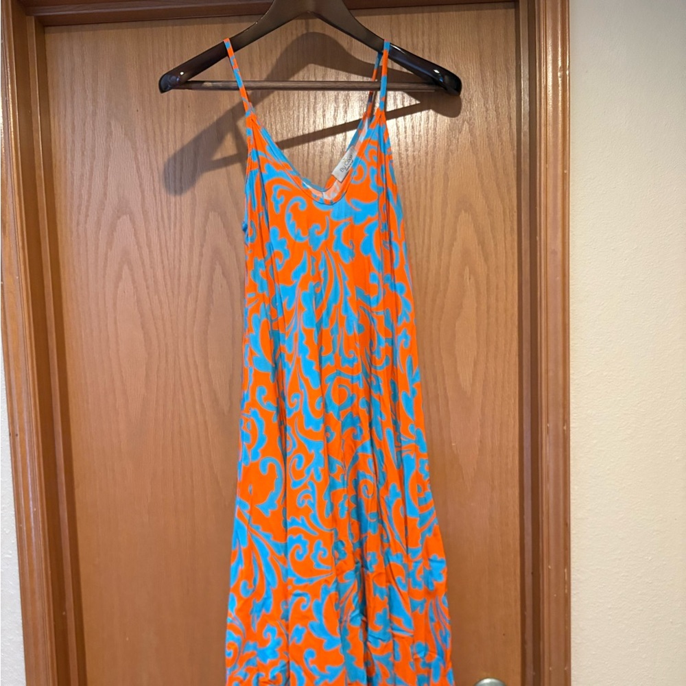 Vibrant Day Glow Orange & Blue Patterned Dress By Coco Made in Italy Maxi Dress